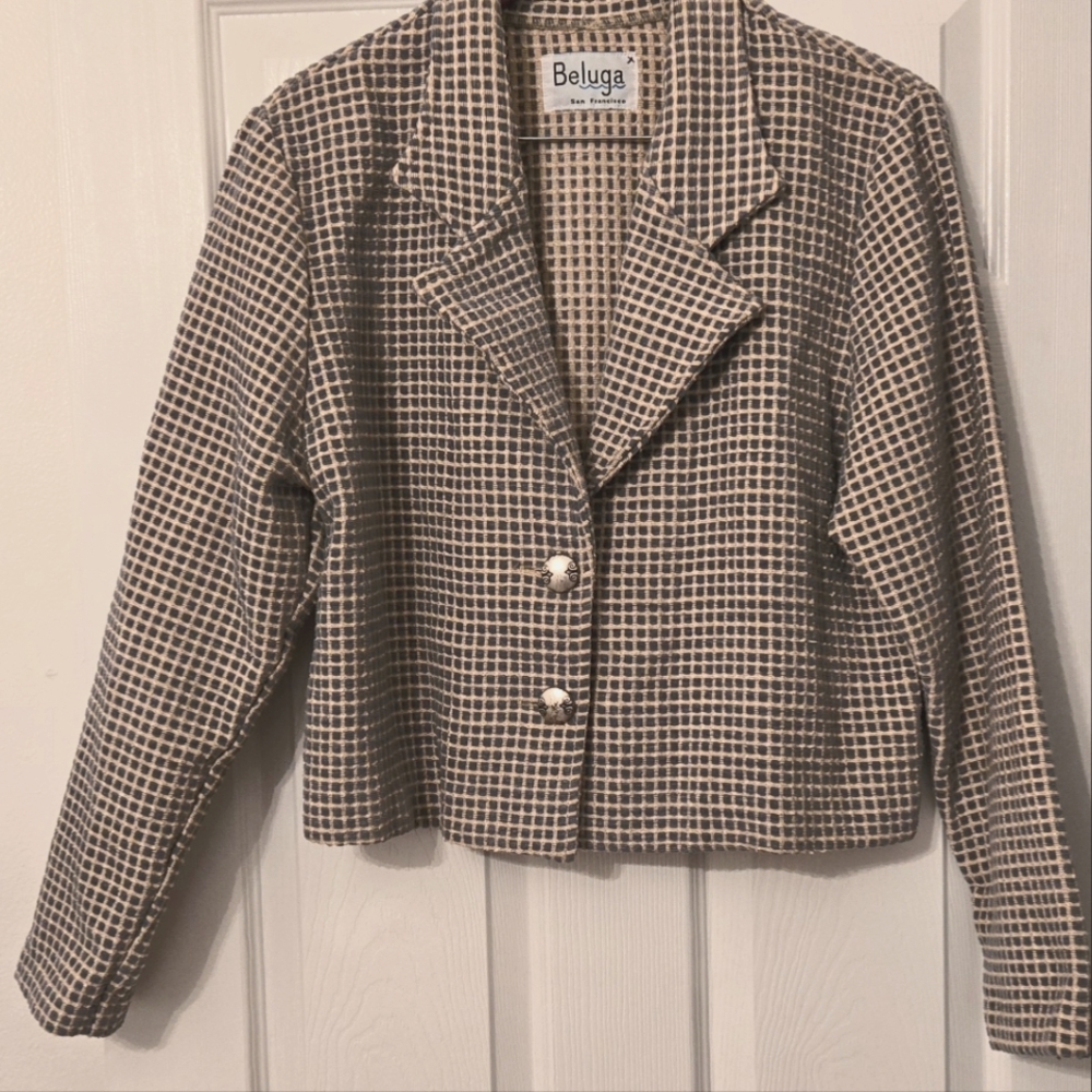 Vintage Beluga San Francisco Cotton Cropped Blazer Blue Cream Made In USA